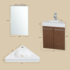Corner Wall-Hung MDF Bathroom Vanity Set With Ceramic Sink & Wood Stripe Mirror Cabinet