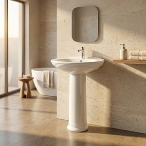 OUNASI Classic Home WC Bathroom Washroom High-Gloss White Porcelain Ceramic Pedestal Hand Wash Basin Sink with Fluted Base