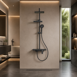 Matte Black Brass Wall Mounted Shower Column Set Storage Shelf