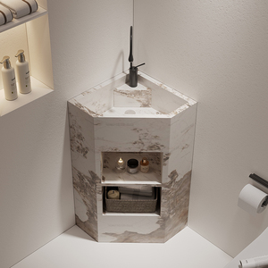 Triangle-shaped Stone Slab Pedestal Basin Corner Washstand Floor-standing Sink for Small Apartments Balconies Bathrooms